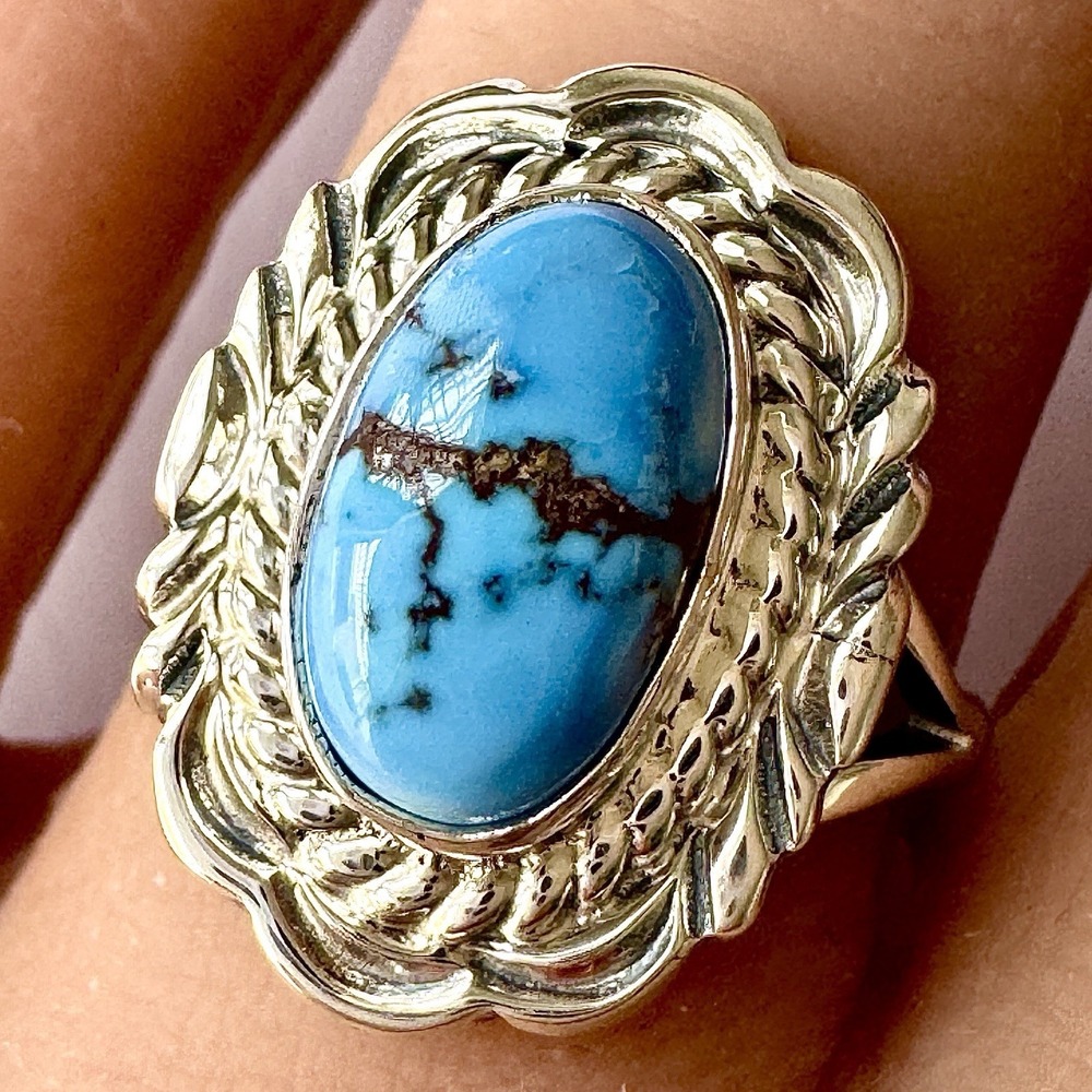 Navajo Blue Golden Hills Turquoise Ring Sz 7‎ Signed V Chee Sterling Native